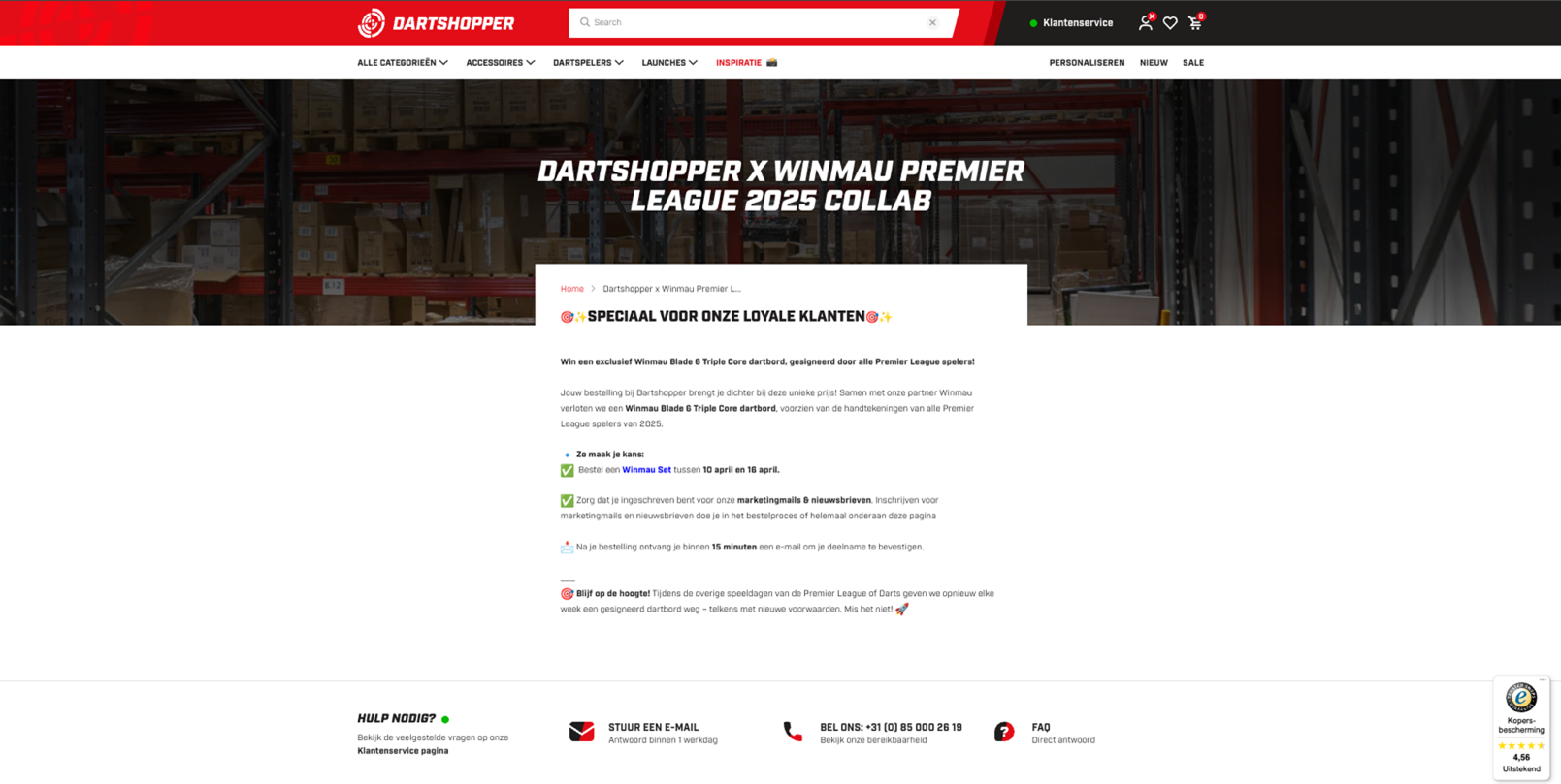 Een landingspagina voor de wekelijkse weggeefacties rond de Premier League of Darts